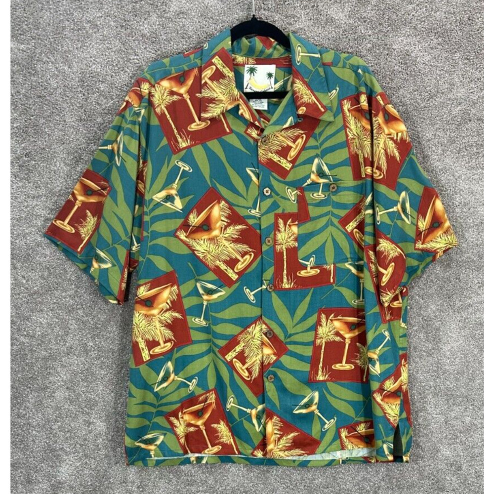 Banana Cabana Shirt Mens Large Red Green‎ Martini Palms Silk Short Sleeve Floral